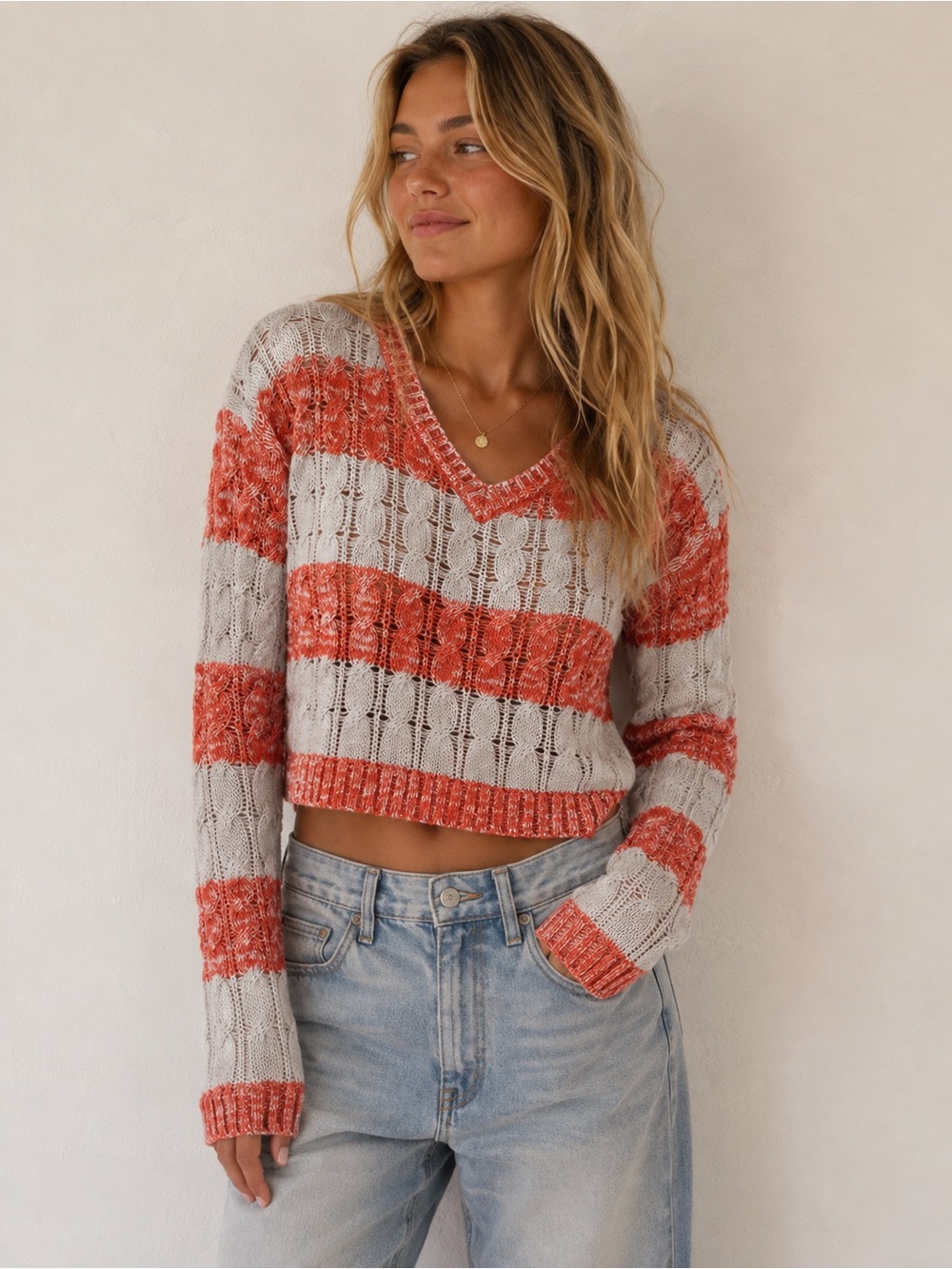 Vintage Abercrombie & Fitch Coral and Light Gray Striped V-Neck Crop Sweater